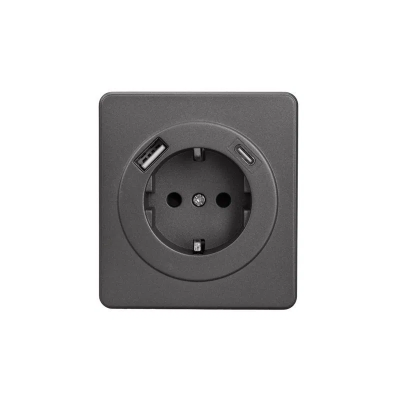 Розетка 1-м СП ROUND MIELE 16А с заземл. защ. шторки с USB A+C быстрой зарядки 5В/3А титан Kranz KR-78-0704-2