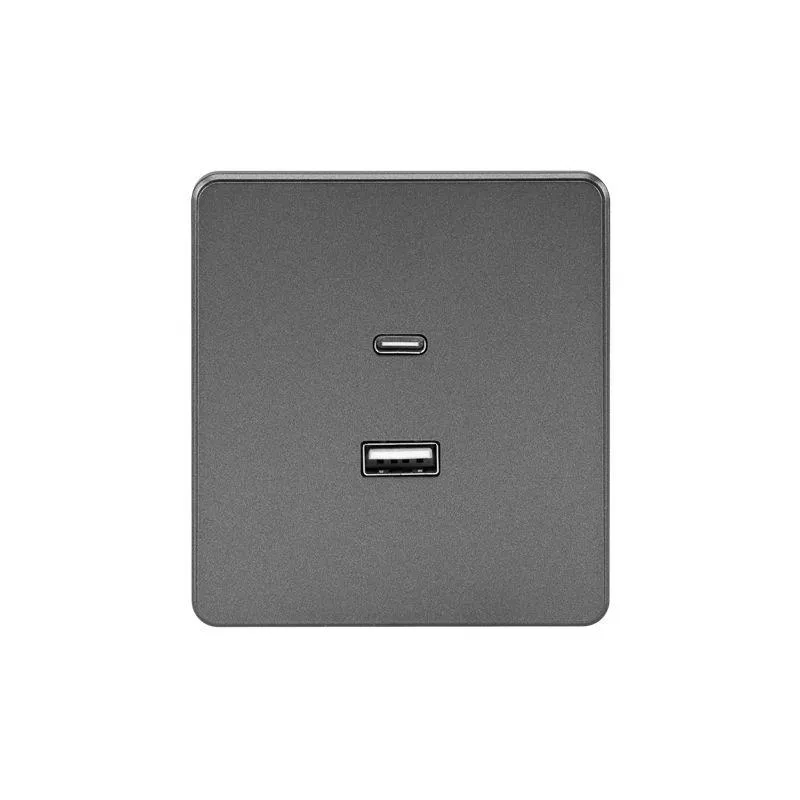 Розетка 2-м СП ROUND 16А IP20 USB-A + Type-C 3А с функцией быстрой зарядки титан Kranz KR-78-0734-2