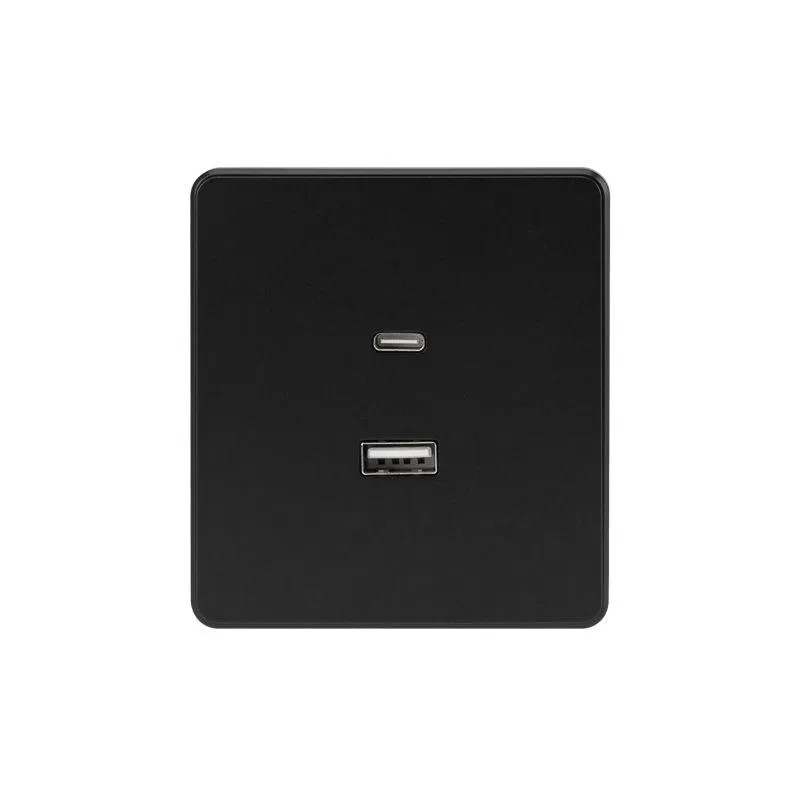 Розетка 2-м СП ROUND 16А IP20 USB-A + Type-C 3А с функцией быстрой зарядки оникс Kranz KR-78-0734-3