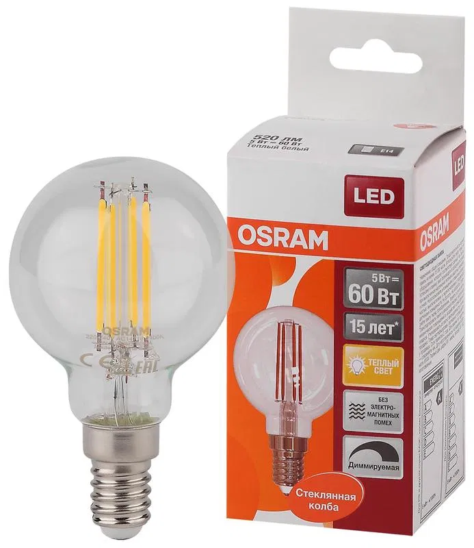 Лампа светодиодная филаментная LS CL P60D 5W/827 FIL E14 230В OSRAM 4058075230415 LEDVANCE