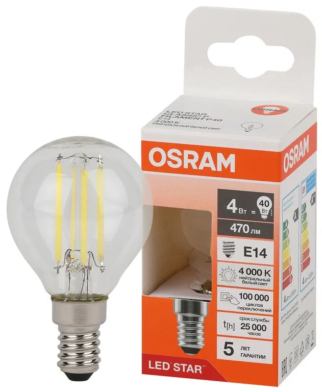 Лампа светодиодная филаментная LS CLP40 4W/840 230VFILCL 4Вт 4000К нейтр. бел. E14 470лм P угол пучка 300град. 220-240В (замена 40Вт) прозр. стекло OSRAM 4058075684362 LEDVANCE