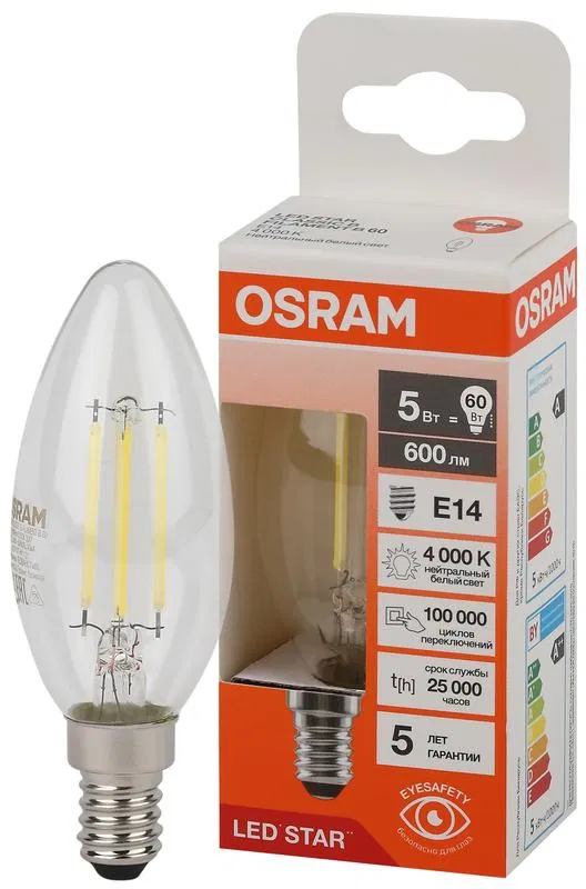 Лампа светодиодная филаментная LSCLB60 5W/840 230VFILCL 5Вт 4000К нейтр. бел. E14 600лм B угол пучка 300град. 220-240В (замена 60Вт) прозр. стекло OSRAM 4058075684782 LEDVANCE