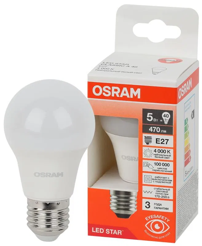 Лампа светодиодная LED Star 5Вт 4000К нейтр. бел. E27 470лм A угол пучка 180град. 170-250В (замена 40Вт) матов. пластик OSRAM 4058075695597 LEDVANCE
