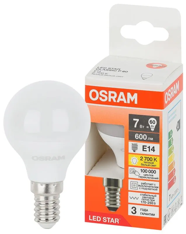 Лампа светодиодная LED Star 7Вт шар 2700К E14 600лм (замена 60Вт) OSRAM 4058075695924 LEDVANCE