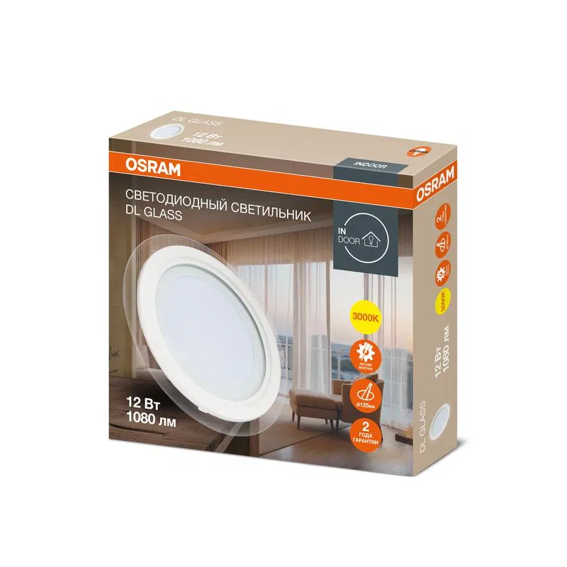 Светильник светодиодный Downlight DL GLASS 830 WT 12Вт 3000К IP20 1080лм ДВО даунлайт кругл. встраив. с декор. стеклом бел. OSRAM 4607194230723 LEDVANCE