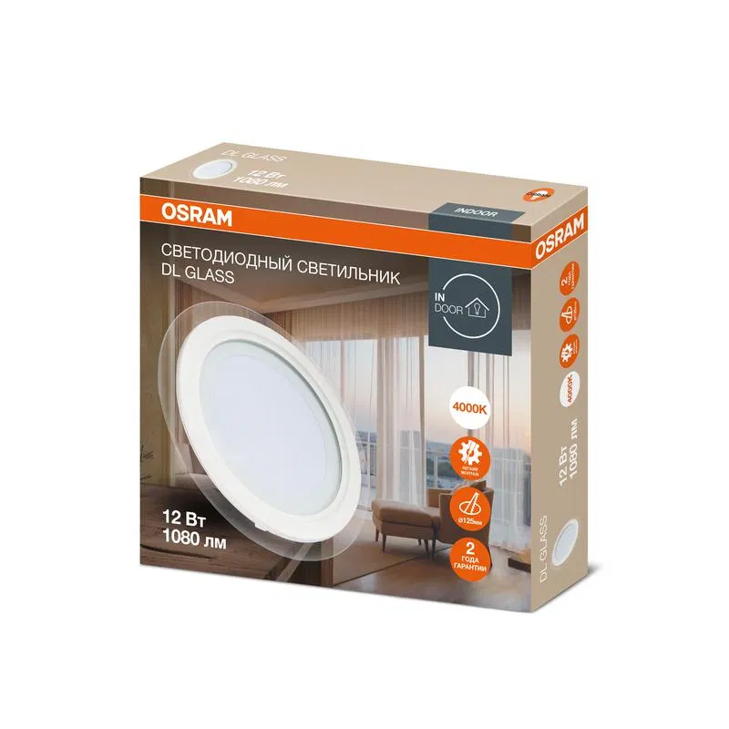 Светильник светодиодный Downlight DL GLASS 840 WT 12Вт 4000К IP20 1080лм ДВО даунлайт кругл. встраив. с декоративным стеклом бел. OSRAM 4607194230730 LEDVANCE