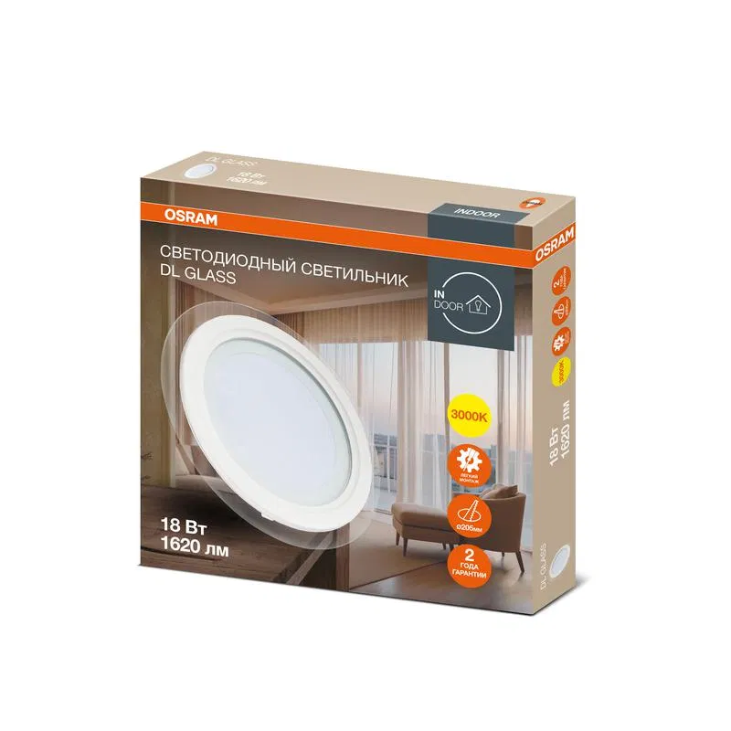 Светильник светодиодный Downlight DL GLASS 830 WT 18Вт 3000К IP20 1620лм ДВО даунлайт кругл. встраив. с декор. стеклом бел. OSRAM 4607194230761 LEDVANCE