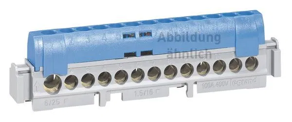 IP 2X 接线端子 - 中性线 - 蓝色 - 1 x 6-25 mm² - 21 x 1,5-16 mm² - 长度 141 mm 004845 Legrand