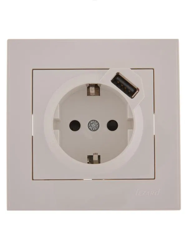 Socket 1-way SP Rain 16A with ground + USB port white LEZARD 703-0202-181