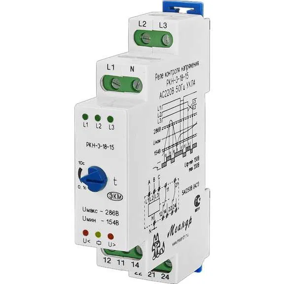 Three-phase voltage monitoring relay RKN-3-18-15 AC230V/AC400V UKHL4 4-wire diagram on delay 0.1...10s contact current 8A 2P Meandr A8302-16933990