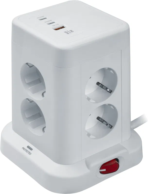 Фильтр сетевой (башенка) 8х1.8м с заземл. 16А IP20 95 684 NSP-USB-08-180-ESC-3x1-PD20W + USB type-A + 2хUSB type-C с выкл. бел. NAVIGATOR 95684