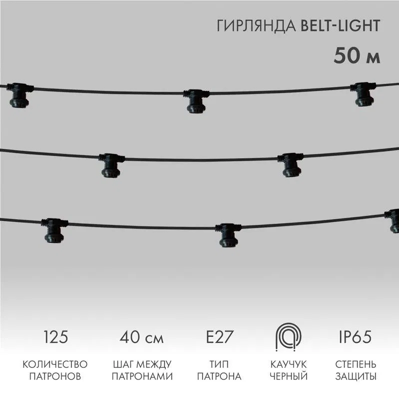 Гирлянда "Белт Лайт" 2жил. шаг 40см патроны E27 1320Вт IP65 влагостойкая провод черн. (уп.50м) Neon-Night 331-212