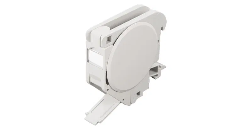 Socket housing with DIN-rail mounting for Keystone modules, 1 port, 2 side covers, flip-up center, NIKOMAX NMC-MB1P-DR-GY