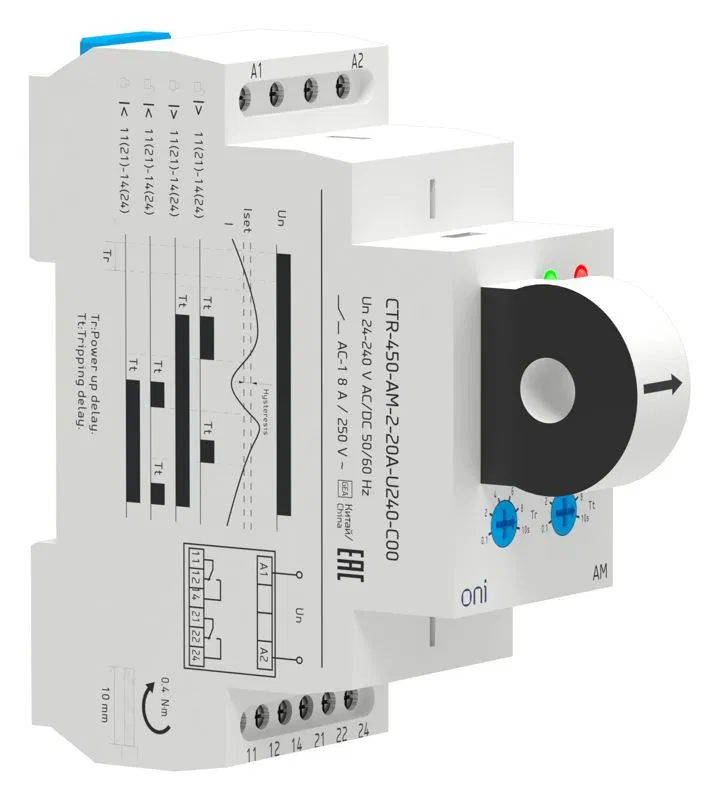 Реле контроля тока AM 2А-20А 2 контакта 24-240В AC/24В DC ONI CTR-450-AM-2-20A-U240-C00
