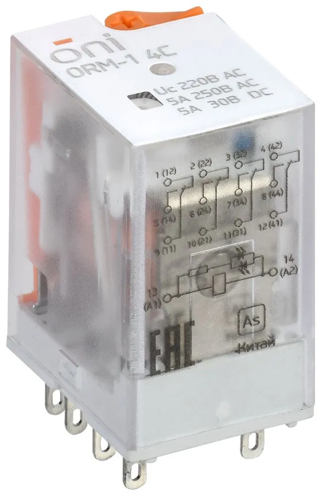 Реле интерфейсное ORM-1 4C 220В AC со светодиодом и тестовой кнопкой ONI ORM-1-4C-AC220V-L-B