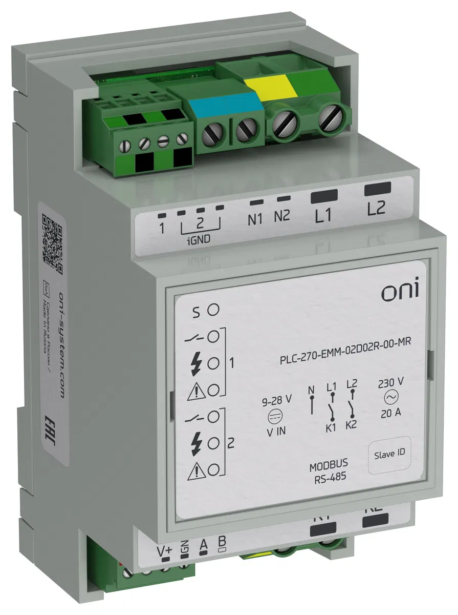 ПЛК 270 Модуль измерительный Modbus RTU 2 дискретных входа 2 релейных выхода с измерением активной мощности и напряжения ONI PLC-270-EMM-02D02R-00-MR