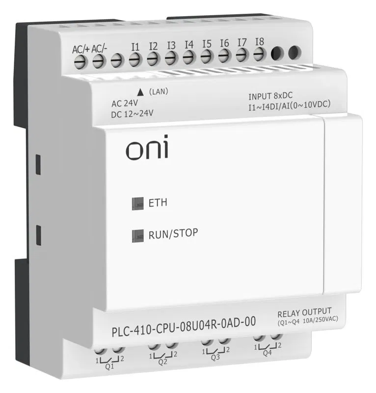 Модуль ЦПУ ПЛК 410 4 DI 4 UI (0-10 В/DI) 4 RO 12В-24В DC или 24В AC с Ethernet портом без экрана ONI PLC-410-CPU-08U04R-0AD-00
