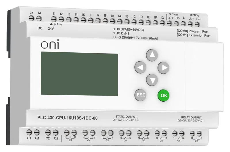 Модуль ЦПУ ПЛК 430 4 DI 12 UI (0-10В/DI) 8 RO 2 TO 24В DC с Ethernet портом с экраном ONI PLC-430-CPU-16U10S-1DC-00