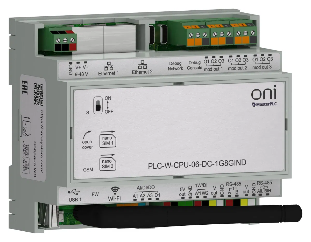 ПЛК W. CPU 6 IO 1GB RAM 8GB ROM 24 В DC промышленного исполнения ONI PLC-W-CPU-06-DC-1G8GIND