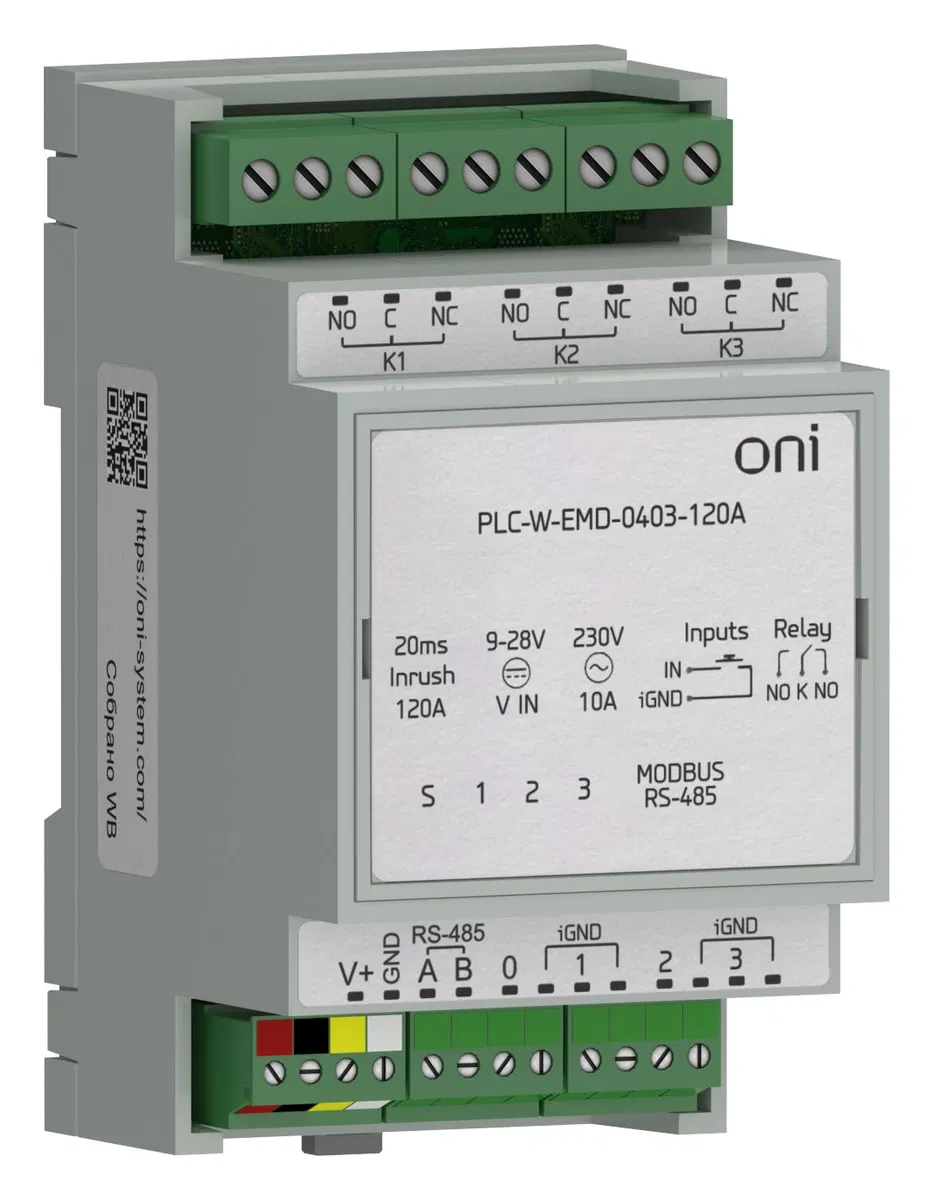 ПЛК W. Расширение коммутирующее 4 DI 3 DO максимальный пусковой ток 120А ONI PLC-W-EMD-0403-120A