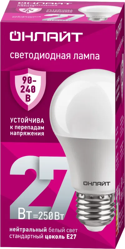 Лампа светодиодная 90 407 OLL-A60-27-230-4K-E27 27Вт грушевидная 4000К E27 90-240В PRO ОНЛАЙТ 90407