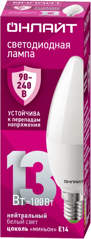 Лампа светодиодная 90 415 OLL-C37-13-230-4K-E14-FR 13Вт свеча 4000К E14 90-240В PRO ОНЛАЙТ 90415