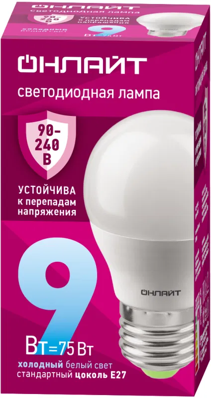 Лампа светодиодная 90 424 OLL-G45-9-230-6.5K-E27-FR 9Вт шар 6500К E27 90-240В PRO ОНЛАЙТ 90424