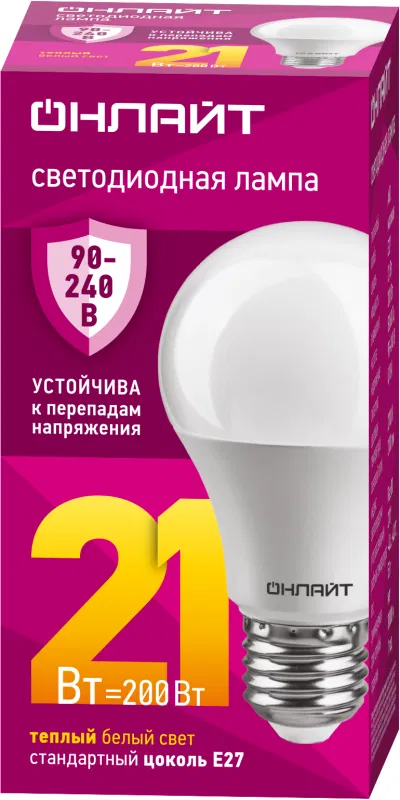 Лампа светодиодная 90 534 OLL-A60-21-230-2.7К-E27 21Вт грушевидная 2700К E27 90-240В PRO ОНЛАЙТ 90534