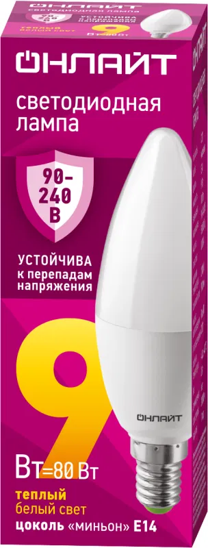 Лампа светодиодная 90 537 OLL-C37-9-230-2.7К-E14-FR 9Вт свеча 2700К E14 90-240В PRO ОНЛАЙТ 90537