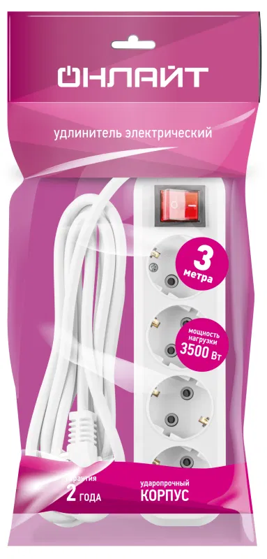 Extension cord 4x3m with grounding 16A IP20 90 809 OPE-S-04-300-ESC-3x1 with button white ONLITE 90809