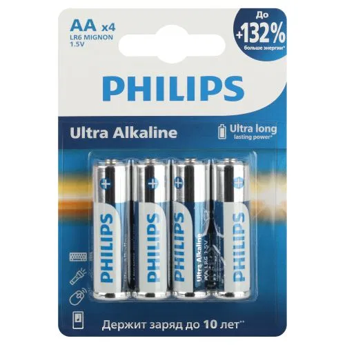 Элемент питания алкалиновый AA/LR6 1.5В Ultra (уп.4шт) Philips Б0062694 PHILIPS Элементы питания