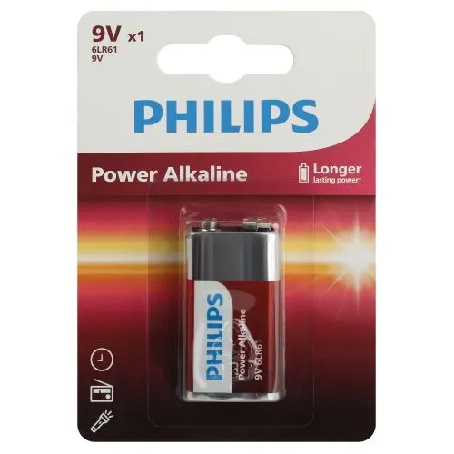 Элемент питания алкалиновый "крона" 6LR61 9В Power (блист. 1шт) Philips Б0062717 PHILIPS Элементы питания