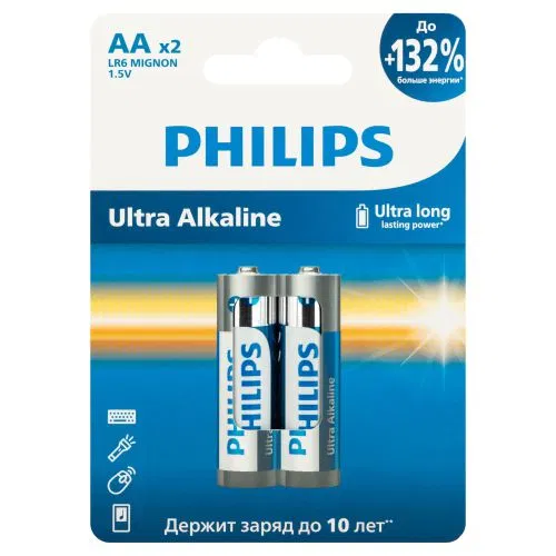 Элемент питания алкалиновый AA/LR6 1.5В Ultra (уп.2шт) Philips Б0064675 PHILIPS Элементы питания