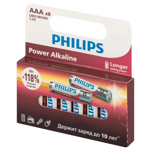 Элемент питания алкалиновый AAA/LR03 1.5В Power (блист. 8шт) Philips Б0064680 PHILIPS Элементы питания
