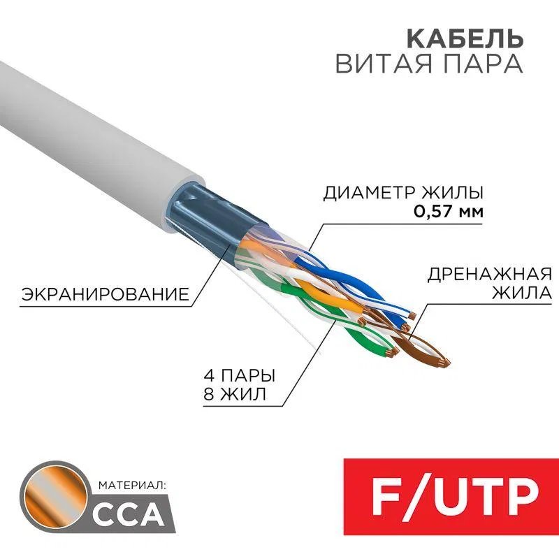 F/UTP Cat.6 twisted pair cable 4x2x23AWG solid CCA PVC INDOOR copper-clad aluminum gray (box 305m) PROCONNECT 01-0147-3