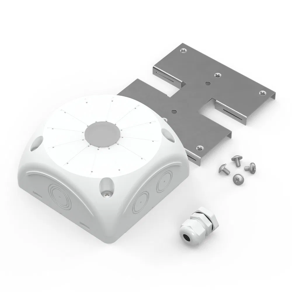 Two-component halogen-free (HF) white junction box 60-0500-9003-П-КВ for video cameras 100x100x50 with plate and cable entry Promrukav