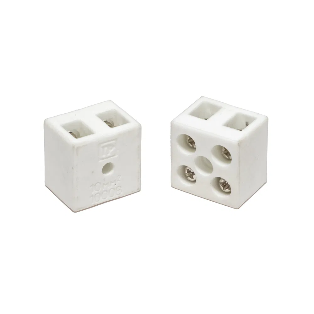 Ceramic terminal block brass 10 mm² 2 pairs of contacts with mounting hole (5 pcs/pack) Promrukav