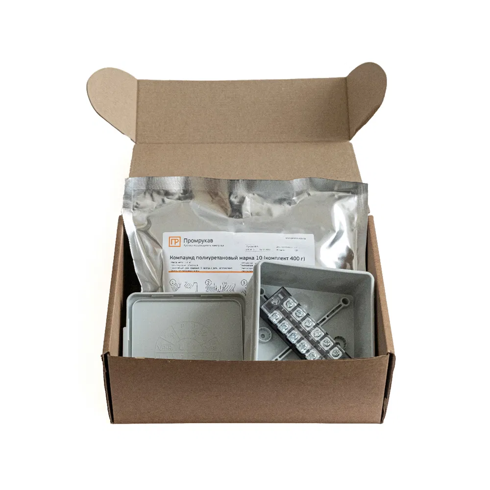Two-component (HF) junction box complete with compound and with 6-pin terminals, cross-section