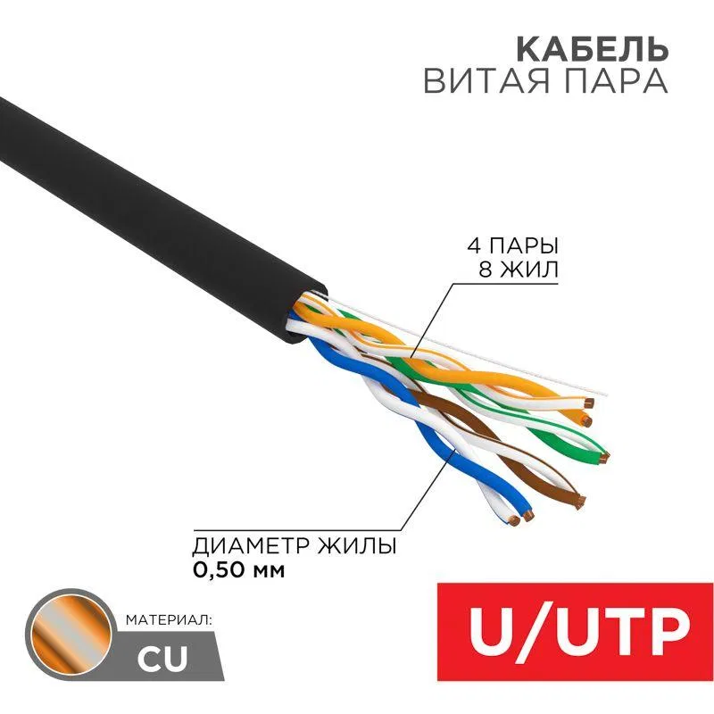 U/UTP 双绞线 Cat.5E 4х2x24AWG OUTDOOR 黑色 (50m装) Rexant 01-0045-50