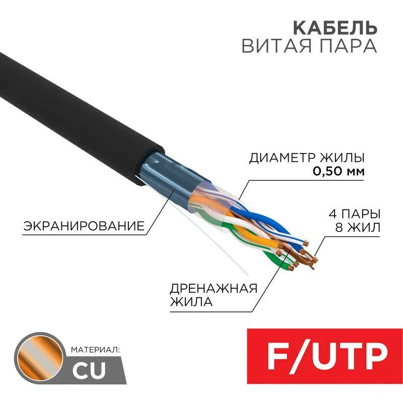 Twisted pair cable F/UTP cat.5e 4x2x24AWG solid PE OUTDOOR copper black (pkg. 305m) (box) (m) Rexant 01-0146-1