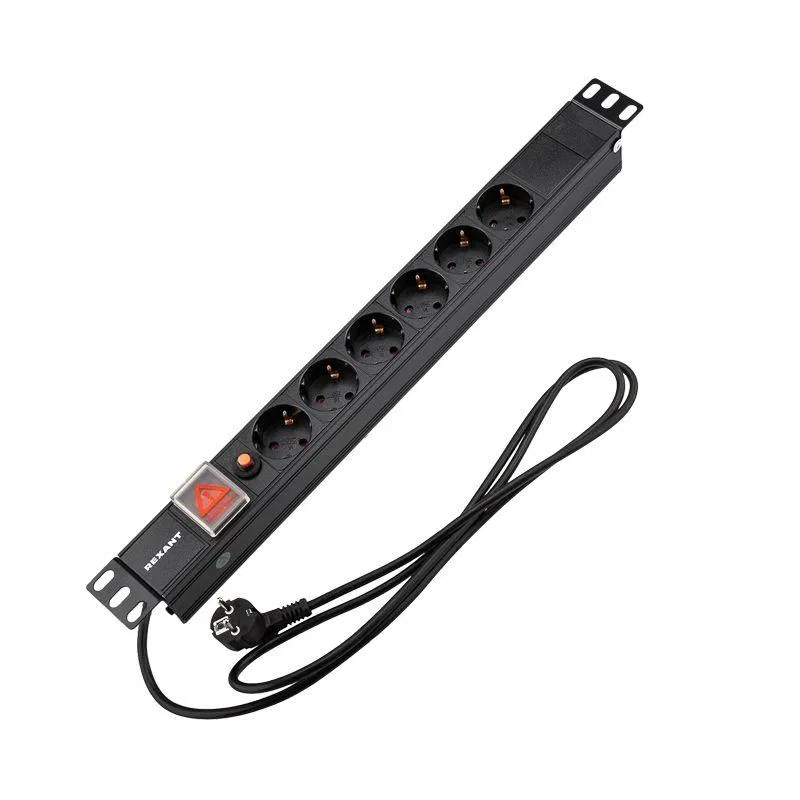 Блок распределения питания PDU 6 розеток СЕЕ 7/4 Schuko 16А фильтр выкл. вилка СЕЕ 7/7 горизонт. шнур 2м корпус алюм. Rexant 04-0102-1