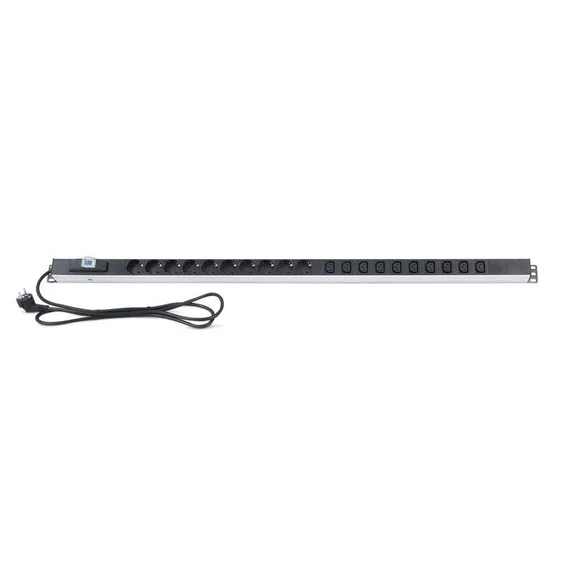 Блок распределения питания PDU 10 розеток СЕЕ 7/4 Schuko 10 розеток C13 16А автомат защиты вилка СЕЕ 7/7 вертикал. шнур 2м корпус алюм. Rexant 04-0202-2