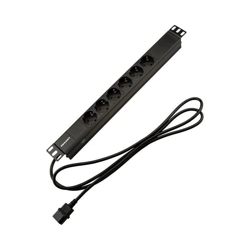 Блок распределения питания PDU 6 розеток СЕЕ 7/4 Schuko 10А без выкл. вилка C14 горизонт. шнур 2м корпус алюм. Rexant 04-0301-1