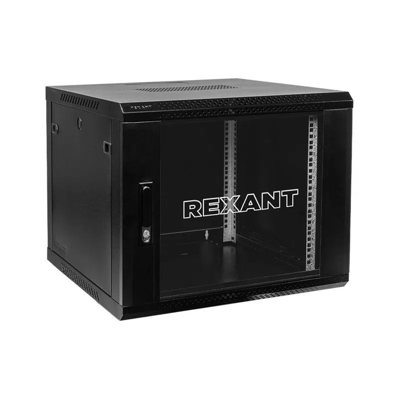 Шкаф телекоммуникационный настенный 19дюйм 12U 600х600х635 дверь стекло стенка задняя боковые съемные стенки разборный черн. RAL9005 Rexant 04-1266-112