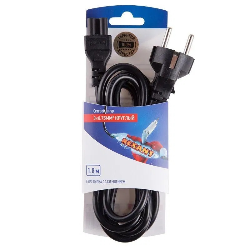 Power cord Euro 3x0.75 1.8m (PVC) (grounded) (for laptop power) Rexant 06-3255