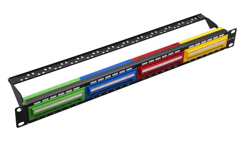 Патч-панель 19дюйм 24хRJ-45 UTP 5e 1U угол портов 45 градусов цветные блоки SUPRLAN 10-0429