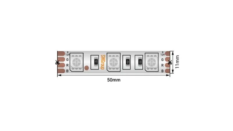 Лента светодиодная стандарт 5050 60LED/м 14.4Вт/м RGB 12В IP66 со скотчем 3М (уп.5м) SWG Standard 00-00014784