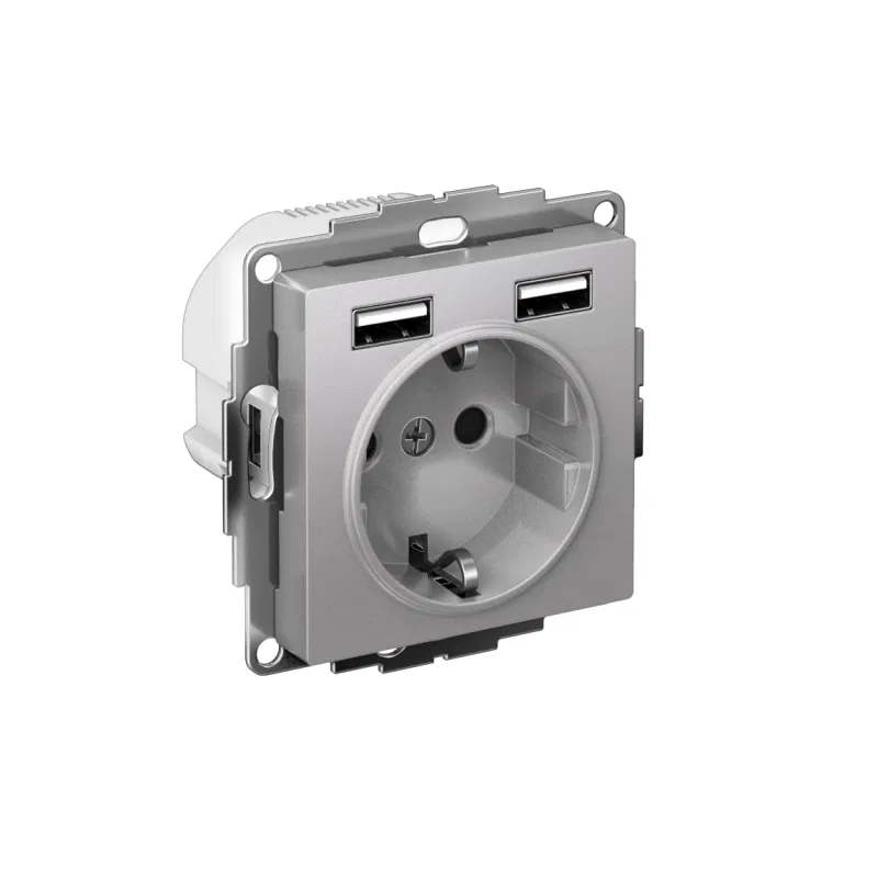Розетка 1-м СП AtlasDesign 16А IP20 с 2-мя заряд. устройствами USB тип A+A 5В/2.4А 2х5В/1.2А механизм алюм. SE ATN000330 Systeme Electric