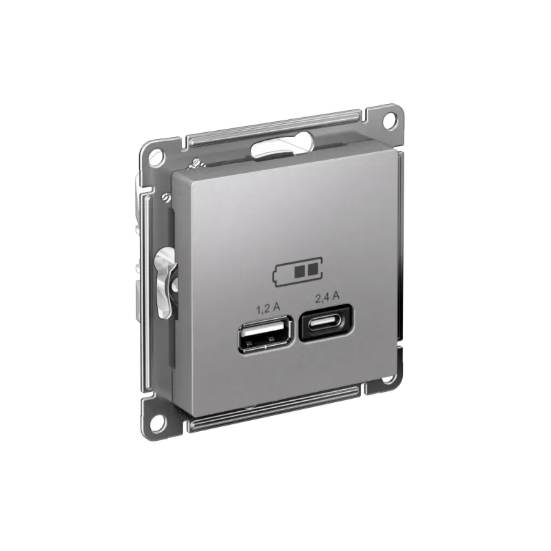 Розетка USB AtlasDesign тип A+C 5В/2.4А 2х5В/1.2А механизм алюм. SE ATN000339 Systeme Electric