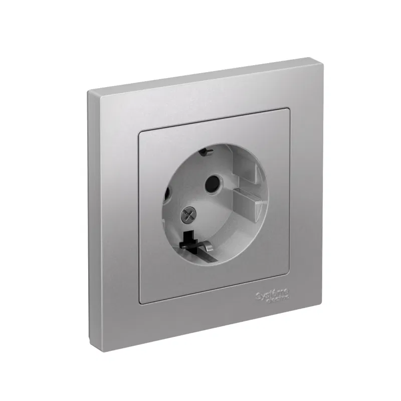 Розетка 1-м СП AtlasDesign 16А IP20 с заземл. защ. шторки в сборе алюм. SE ATN000344 Systeme Electric